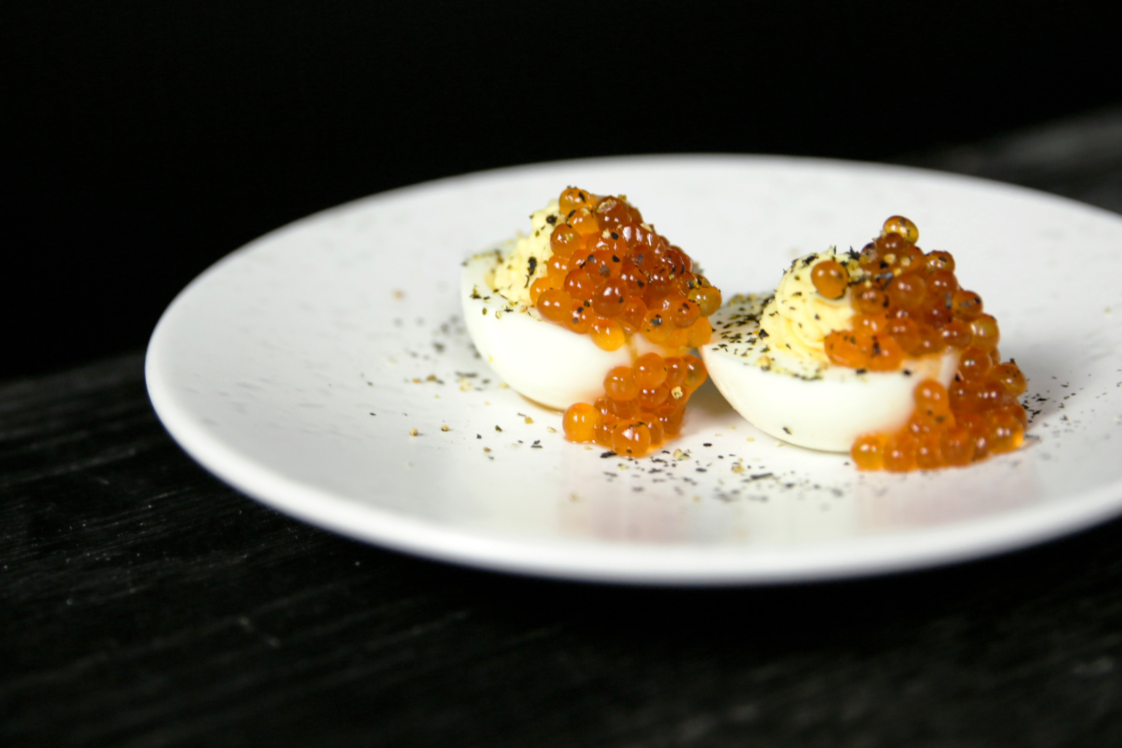 ET Snack Bar at Back Bar, Ham and Sherry. Deviled Eggs, Salmon Roe, Yuzu, Drip, Nori Powder.