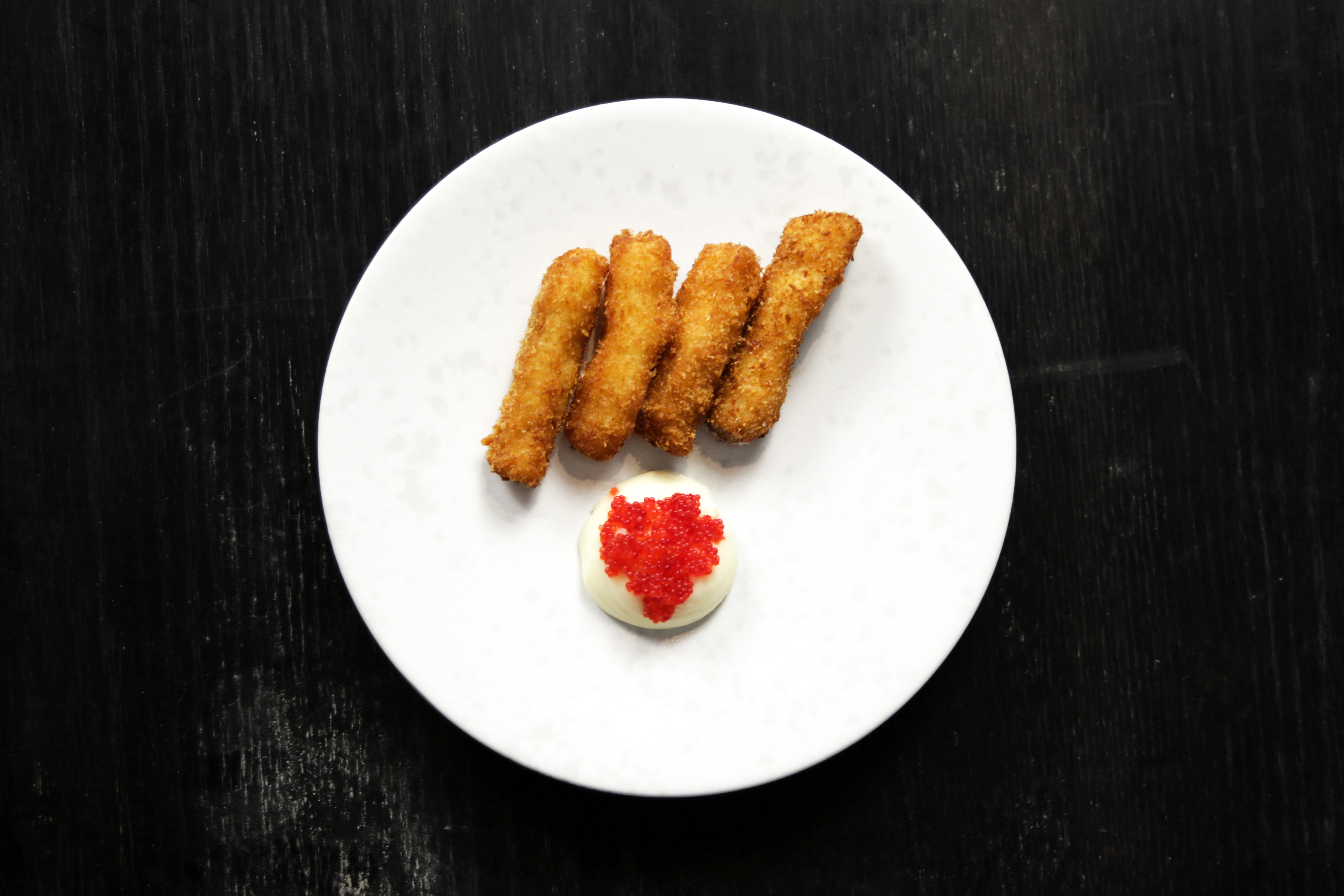ET Snack Bar at Back Bar, Ham and Sherry. Fried Cod Fish, Crab Roe Mayo.
