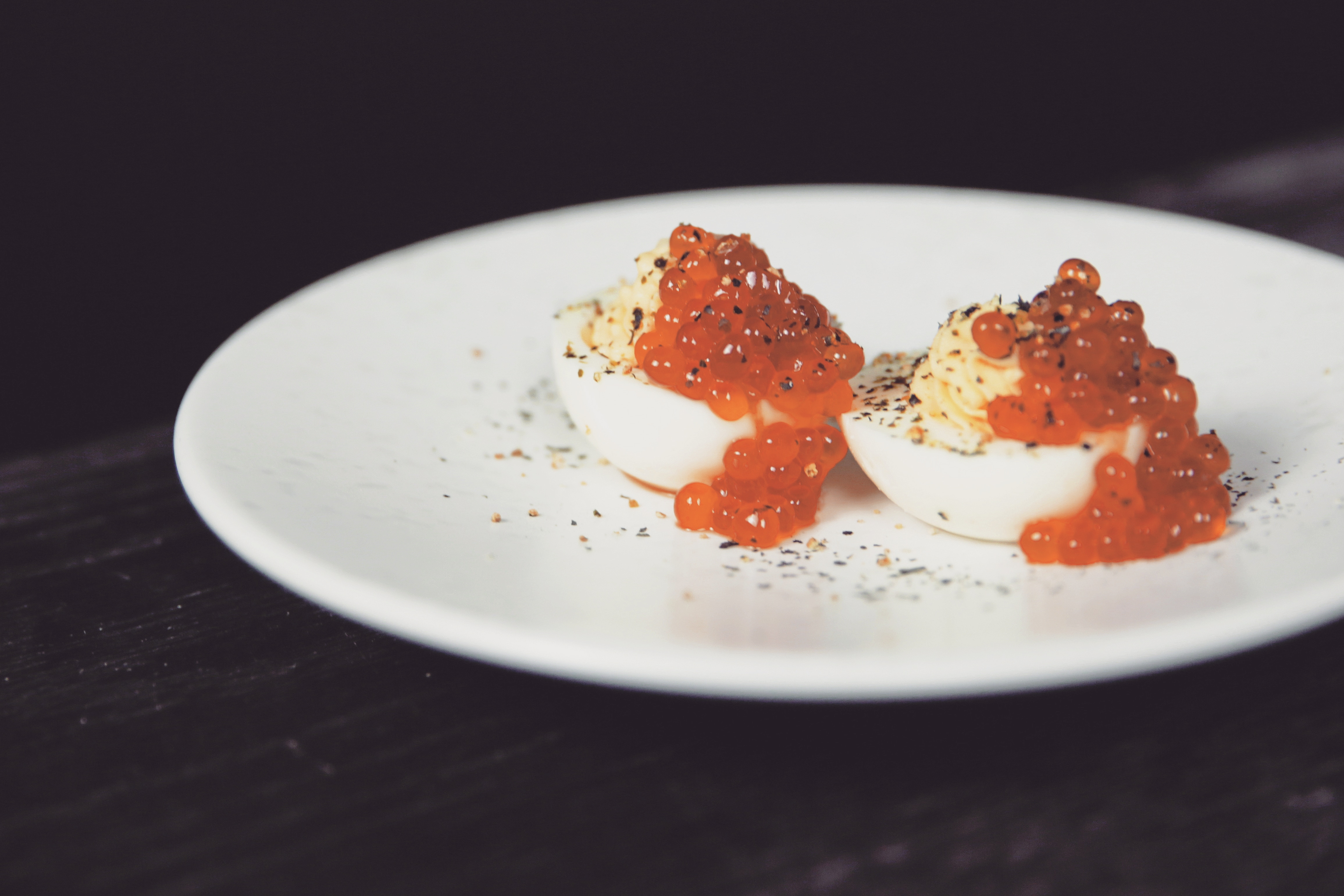 ET Snack Bar at Back Bar, Ham and Sherry. Deviled Eggs, Salmon Roe, Yuzu, Drip, Nori Powder.