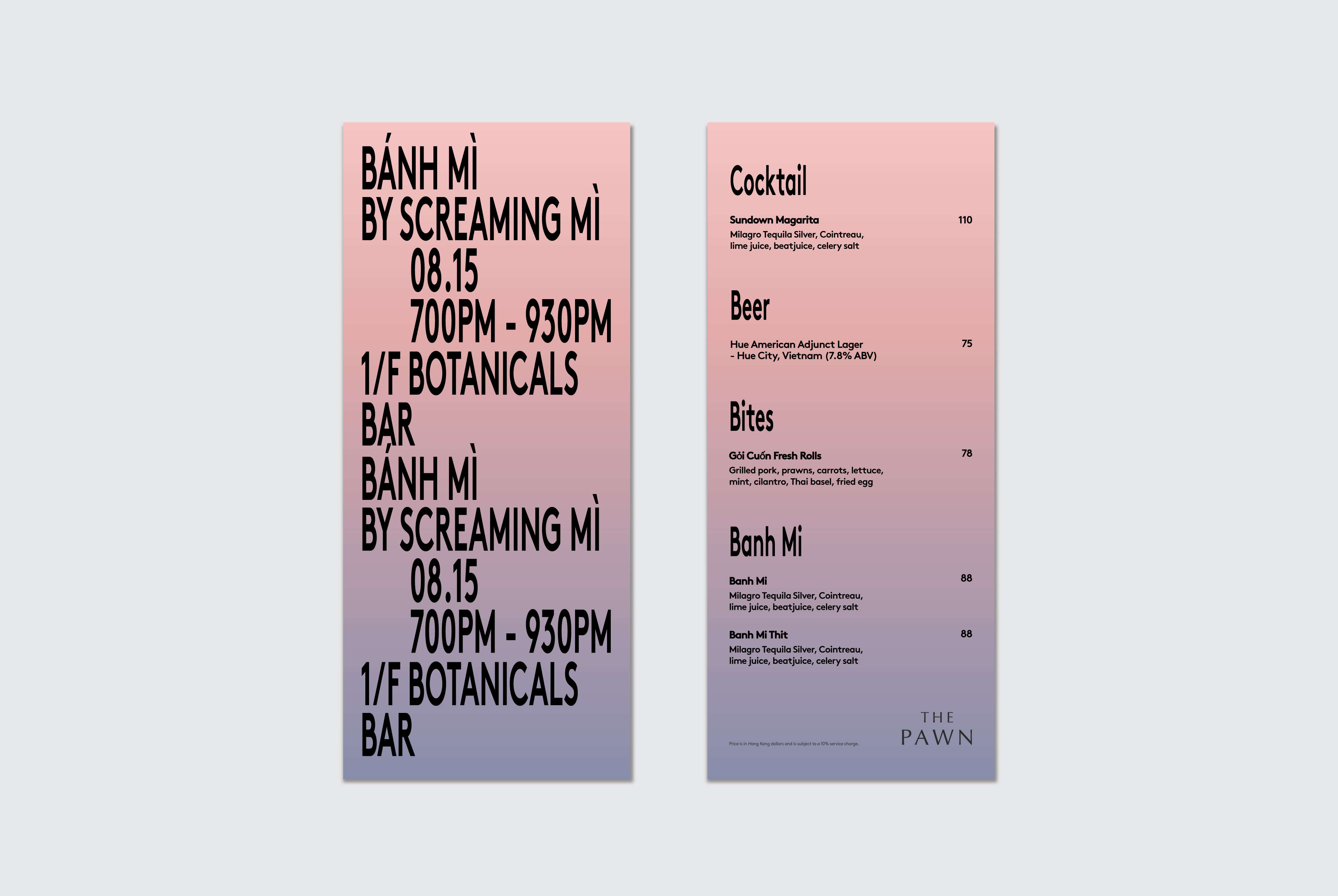 Menu Design by Ron Wan. Banh Mi Collaboration at The Pawn's 1/F Botanical Bar in Wan Chai, Hong Kong