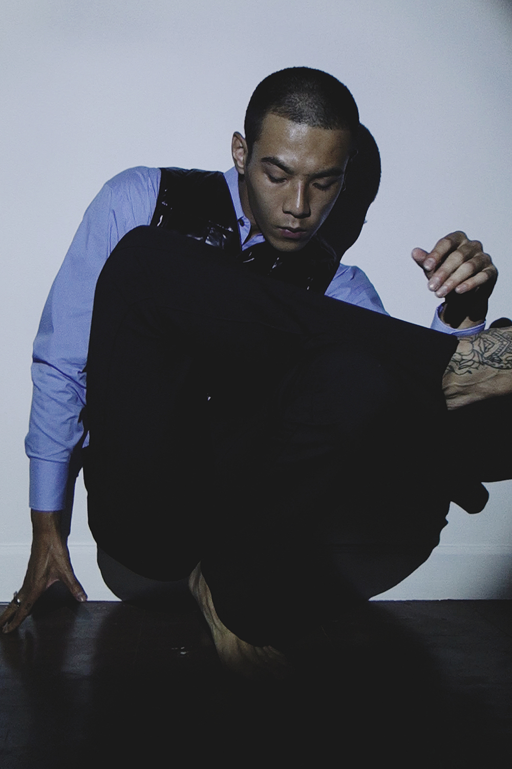 Ron Wan with model Jonathon Wong in Karmuel Young