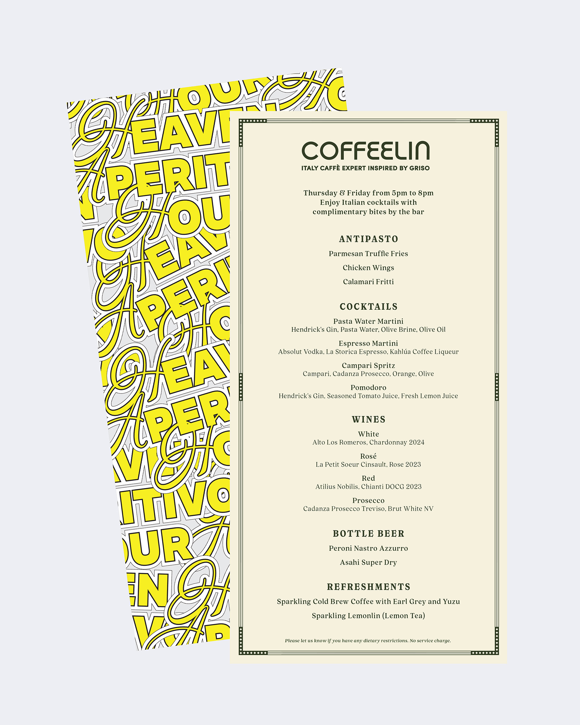 Ron Wan and Coffeelin presents Heaven Aperitivo Hour at Coffeelin LHT in Central, Hong Kong. Featuring Italian cocktails with complimentary bites by at the counter.
